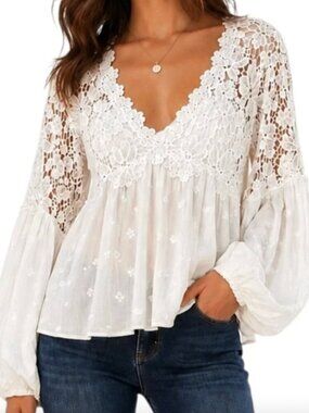 Free People Lina Lace Top XS White Lace Boho Babydoll Blouse